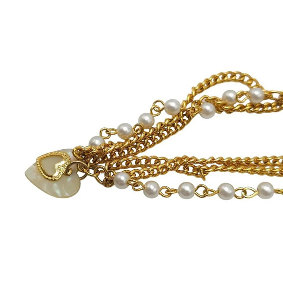 Faux Pearl Beaded Heart Charm Double Chain Sweater Clip Gold Tone Vintage - Picture 3 of 4